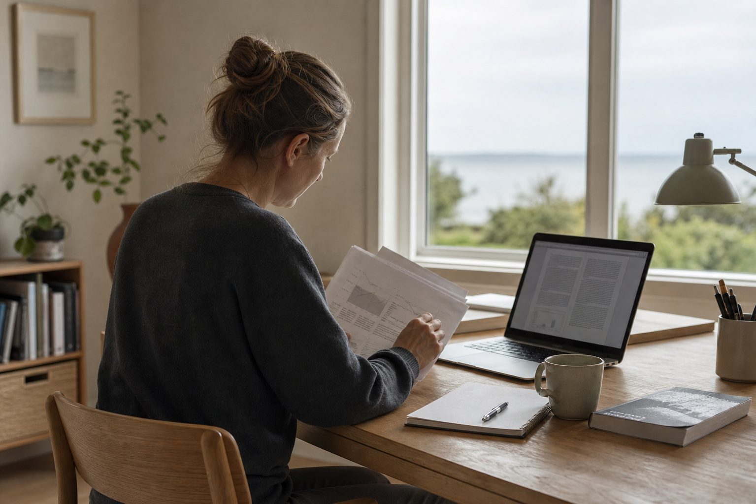 Professionel gennemgår forskningsmateriale i et roligt arbejdsrum ved kysten